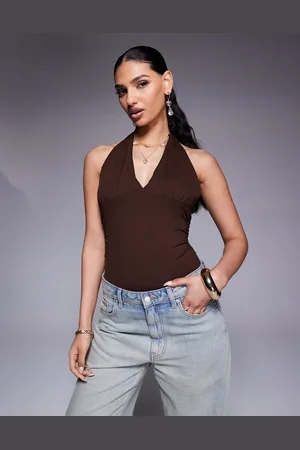 ASOS Polyamide plunge halter neck bodysuit in chocolate