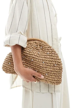 New Look Raffia embellished clutch bag in stone