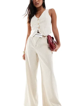 Extro & Vert Petite Tailored pinstripe trouser with asymmetric waistband in stone co-ord