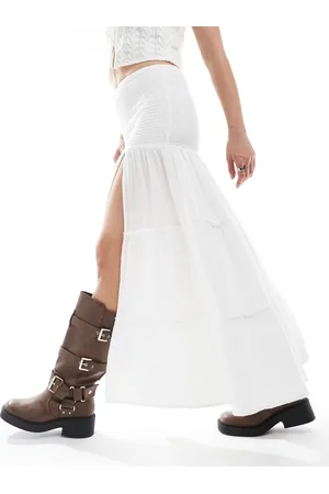 Bershka Shirred waist tiered maxi skirt in