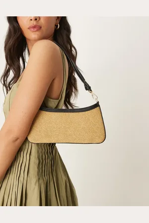 MANGO Raffia shoulder bag with trim in tan