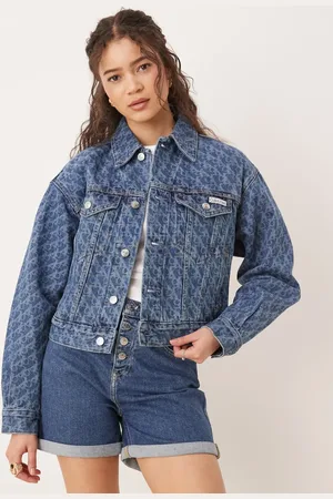 Calvin Klein Signature 90s all over print denim jacket in mid