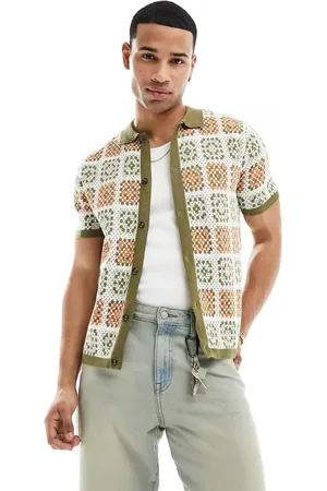 ASOS Knitted crochet button through polo in khaki and orange