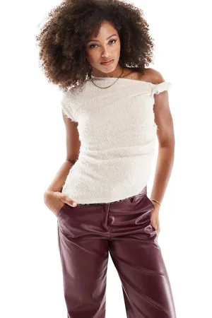 ASOS Fluffy knit twisted strap top in cream