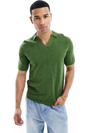 ASOS Knitted crochet notch neck polo in khaki