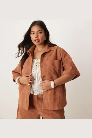 ASOS Curve suede boxy shirt co-ord in tan
