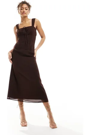 ASOS Chiffon shirred waist strappy midi with tie neck and lace trim detail in chocolate
