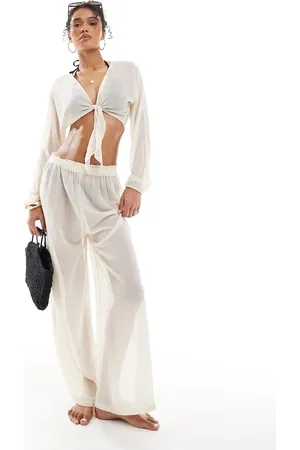 ONLY Tie front top and trousers beach set in cream