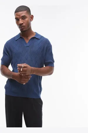 Topman Knitted diamond pattern pointelle polo in navy