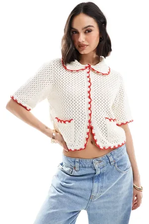 ASOS Mesh stitch cardigan with tipping detail in cream