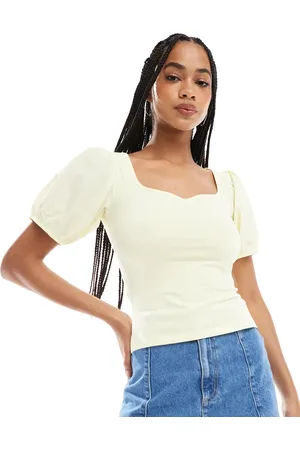 ASOS Poplin mix puff sleeve sweetheart top in buttermilk yellow