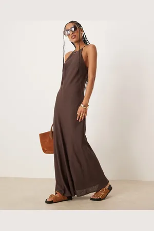 ASOS Linen racer maxi sundress in bitter chocolate