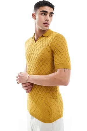ASOS Knitted short sleeve polo with diamond texture in mustard