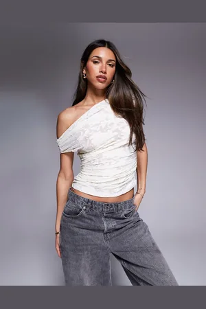 ASOS Devore texture gathered short sleeve off shoulder mesh top in cream