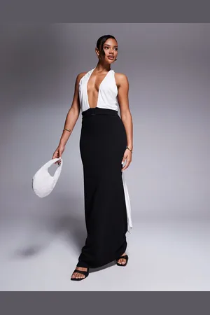 ASOS Cross over halter neck with drape detail maxi dress in black and white