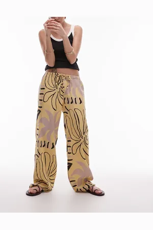 Topshop Linen straight leg buttermilk abstract print trouser in mono