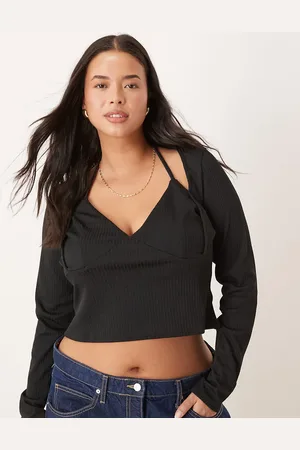 ASOS ASOS DESIGN Curve rib halter neck long sleeve top in