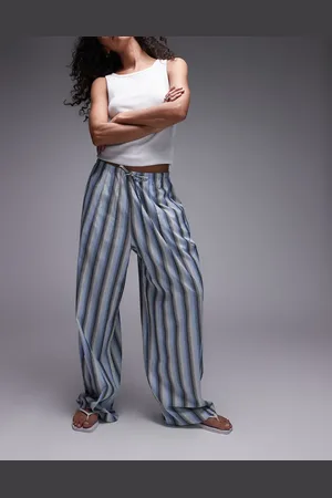 Topshop Poplin tie waist stripe straight leg trouser in blue
