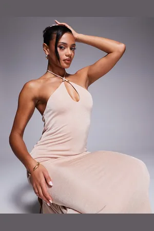 ASOS Halter neck with bead details maxi dress in champagne