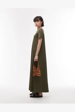 ARKET Pure cotton column maxi dress with short sleeves in khaki