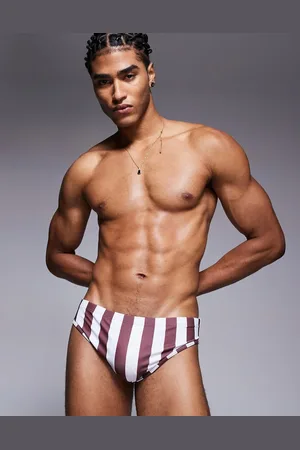 ASOS Swim brief in burgundy and white stripe