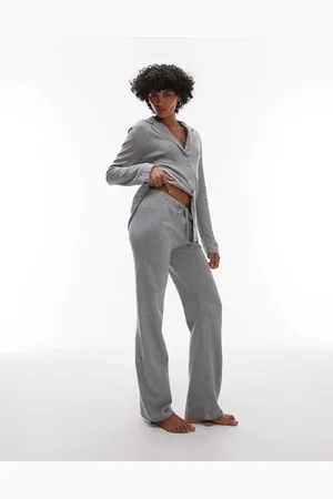 MANGO Brushed cotton soft touch wide leg pyjama trouser co-ord in grey