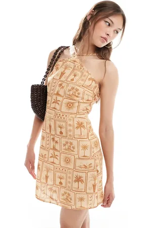 VERO MODA Halter mini dress in tonal postcard print