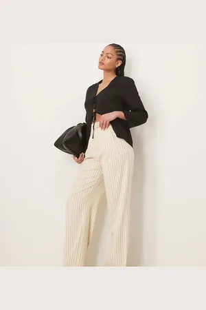 ASOS Tall tailored wide leg trousers with pleat detail in buttermilk stripe