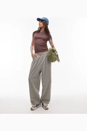 Topshop High waist pull on mini check tapered trouser brown