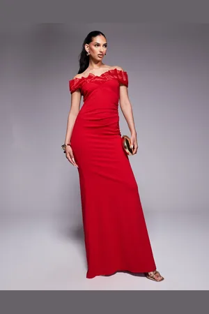 Goddiva Fan pleated bardot scuba crepe maxi dress in