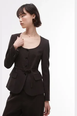 MANGO Slim belted waist blazer co-ord in chocolate