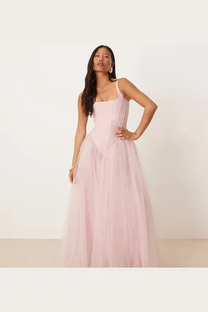 Lace & Beads Drop waist corset maxi dress in powder