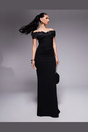 Goddiva Fan pleated bardot scuba crepe maxi dress in