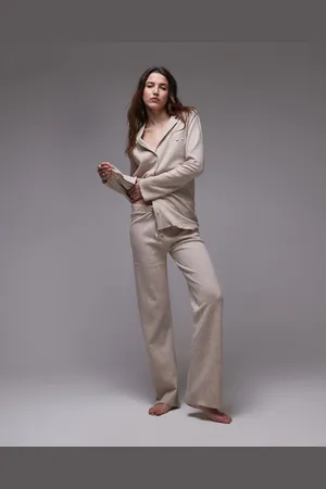 MANGO Brushed cotton soft touch wide leg pyjama trouser co-ord in sand