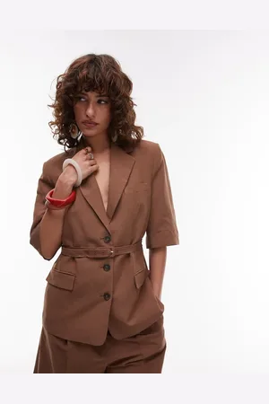 MANGO Linen look belted tailored short sleeve blazer co-ord in