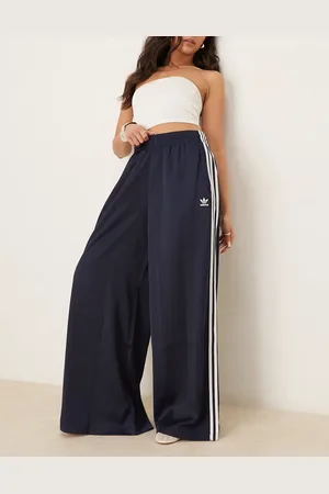 adidas Adicolor satin wide leg track pants in navy