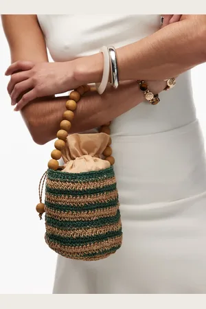 Topshop Gevvie beaded handle straw bag in green stripe