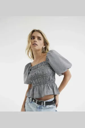 River Island Puff sleeve gingham shirred top in