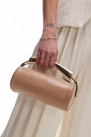 Topshop Gabi barrel grab bag with metal handle in beige