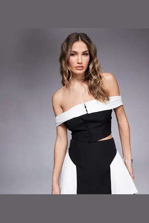 Kaiia X Sasha Corte exclusive tailored contrast bardot top co-ord in monochrome