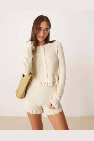 ASOS Knitted crew neck cardigan with frill detail co-ord in buttermilk
