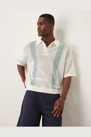 ASOS Oversized boxy fit airtex texture knitted polo in ecru with blue stripes