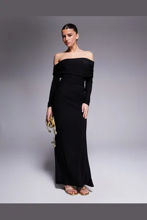Missyempire Double sculpted slinky asymmetric fold over shoulder drape detail bodycon maxi dress in