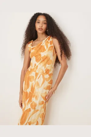 ASOS Plisse fallen shoulder midi dress in orange flower print