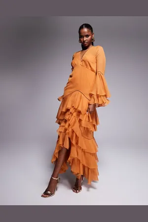 ASOS Plunge ruffle tiered maxi dress with lace inserts in rust
