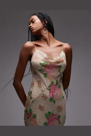 Topshop Double layered satin and chiffon maxi slip dress in print ivory and pink rose