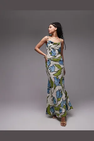 Topshop Cowl neck midi slip dress with beaded straps in green blue floral