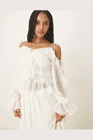 ASOS Off-shoulder ruffle top with tie sleeves in natural