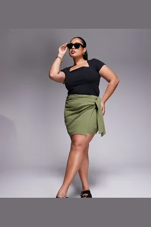 ASOS ASOS DESIGN Curve crinkle tie side mini skirt in khaki