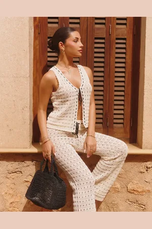 The Frolic X Lydia Kara exclusive crochet contrast thread trim beach waistcoat top co-ord in cream